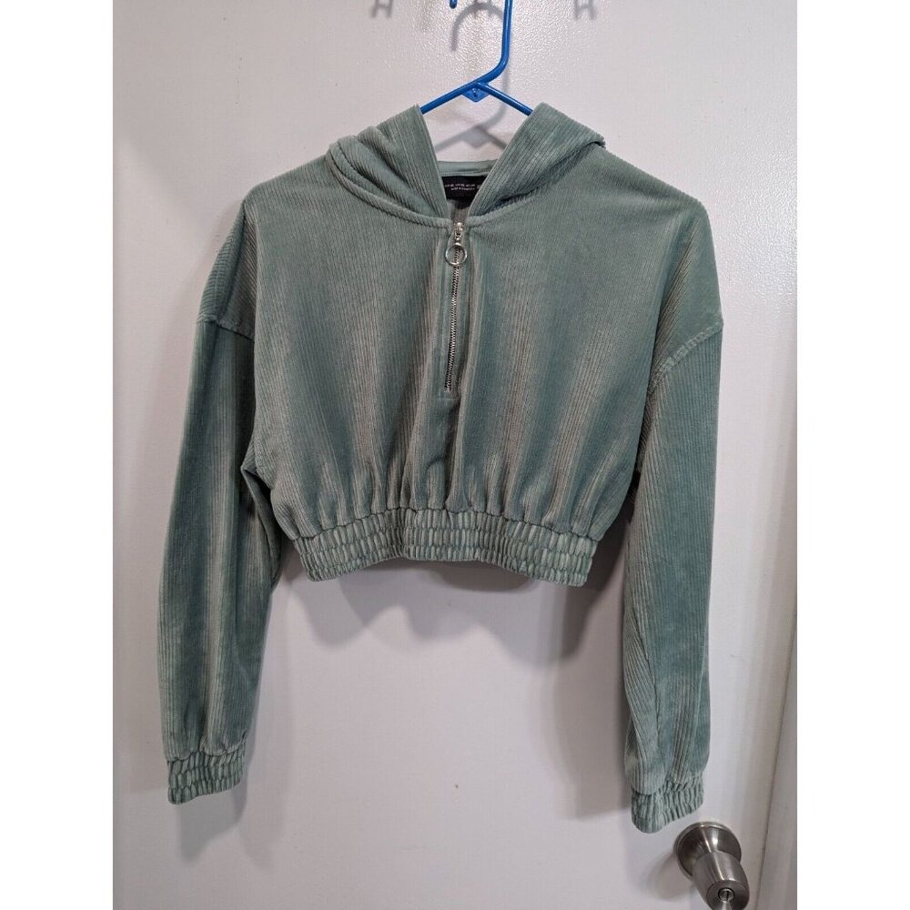 Zara Ribbed Corduroy Mint Green Cropped Hoodie Pullover Size XS